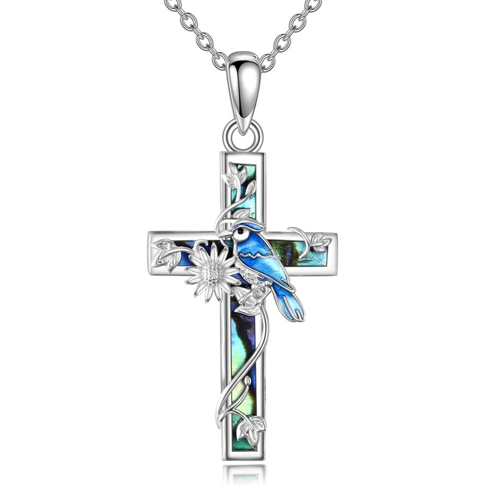 image:imageYFN Cross Necklace Sterling Silver Religious Cross Pendant Jewelry Christian Gifts for Women MenF Blue Jay