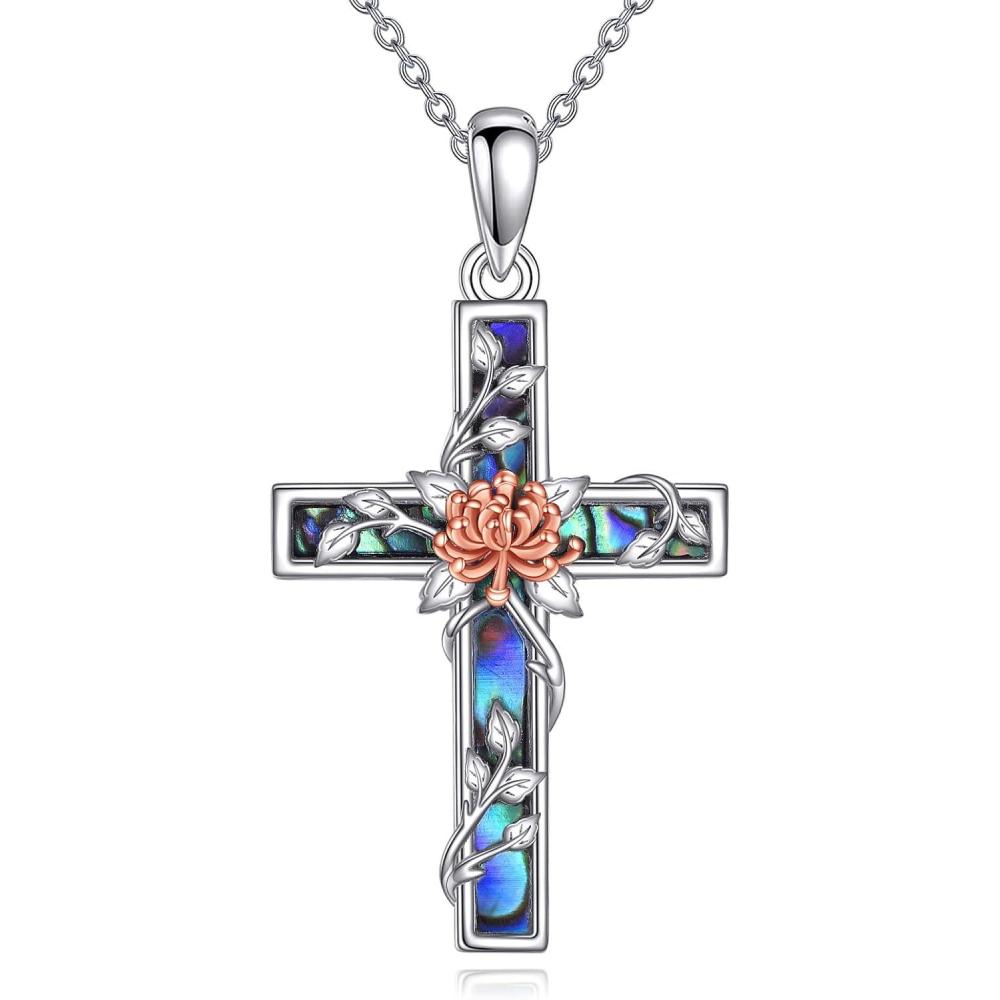 image:imageYFN Cross Necklace Sterling Silver Religious Cross Pendant Jewelry Christian Gifts for Women MenF Chrysanthemum