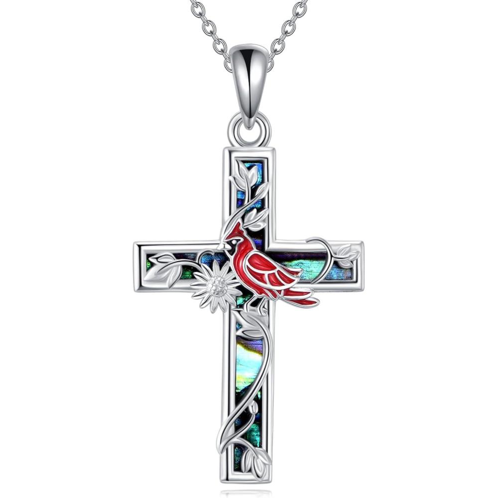 image:imageYFN Cross Necklace Sterling Silver Religious Cross Pendant Jewelry Christian Gifts for Women MenF Red Cardinal
