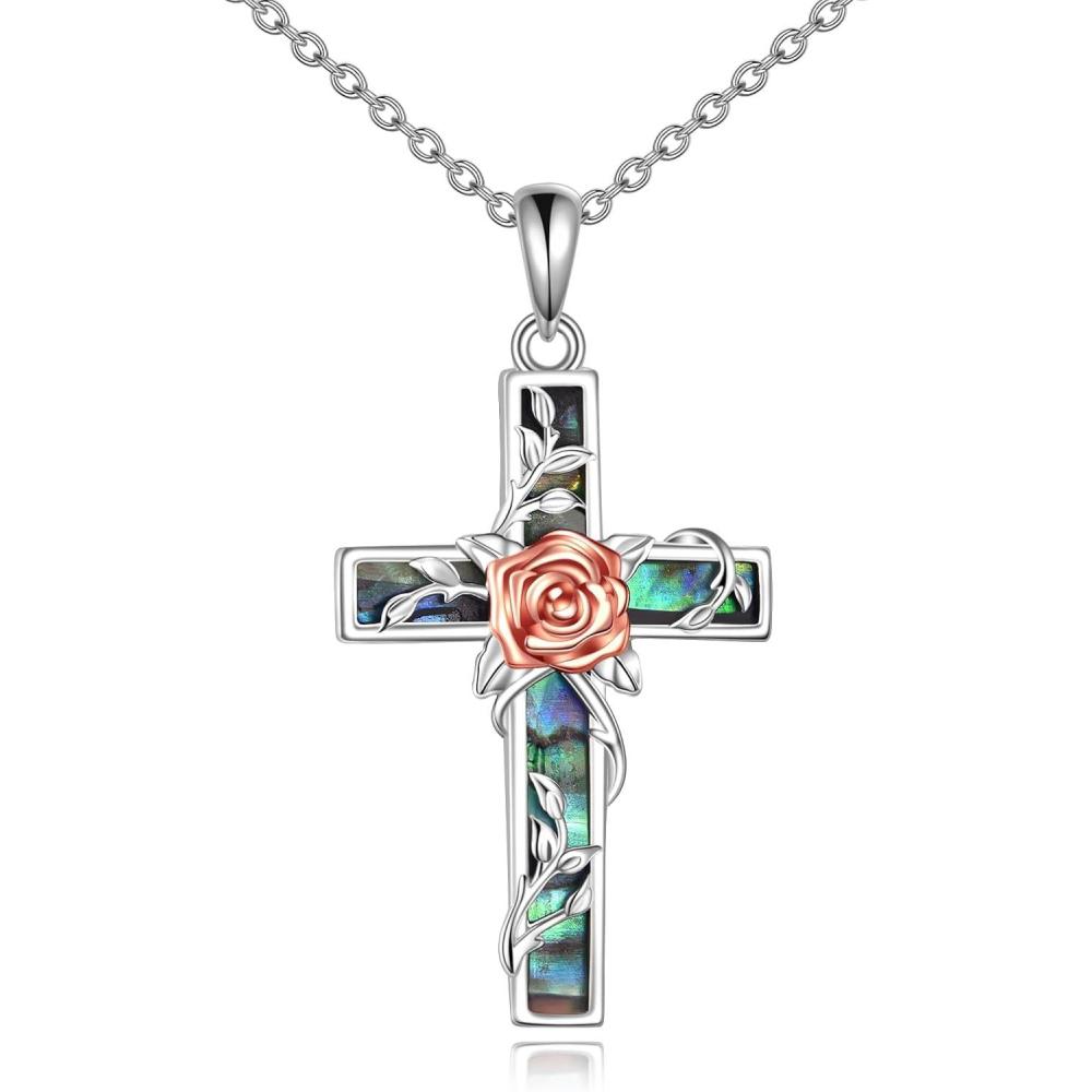 image:imageYFN Cross Necklace Sterling Silver Religious Cross Pendant Jewelry Christian Gifts for Women MenF Rose Flower