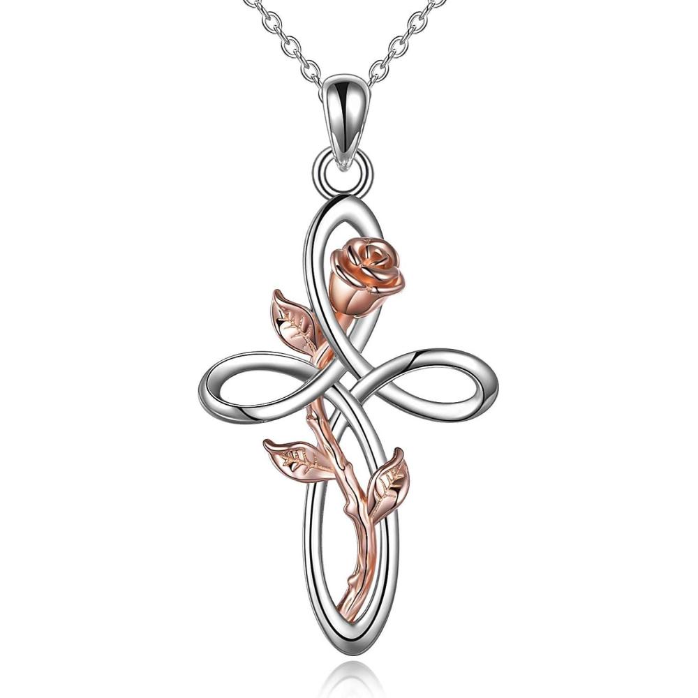 image:imageYFN Cross Necklace with Sunflower Rose Flower Sterling Silver Infinity Love Celtic Knot Pendant Necklace for WomenSilver