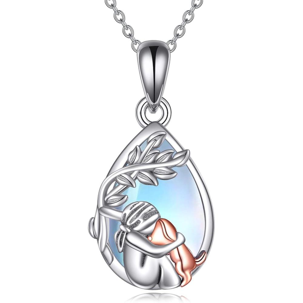 image:imageYFN Dog Pendant Necklace Sterling Silver Keepsake Dogs Lover Memorial Gifts for Women MoonstoneTurquoiseLarimar Necklace JewelrySilverMoonstone Dog Necklace