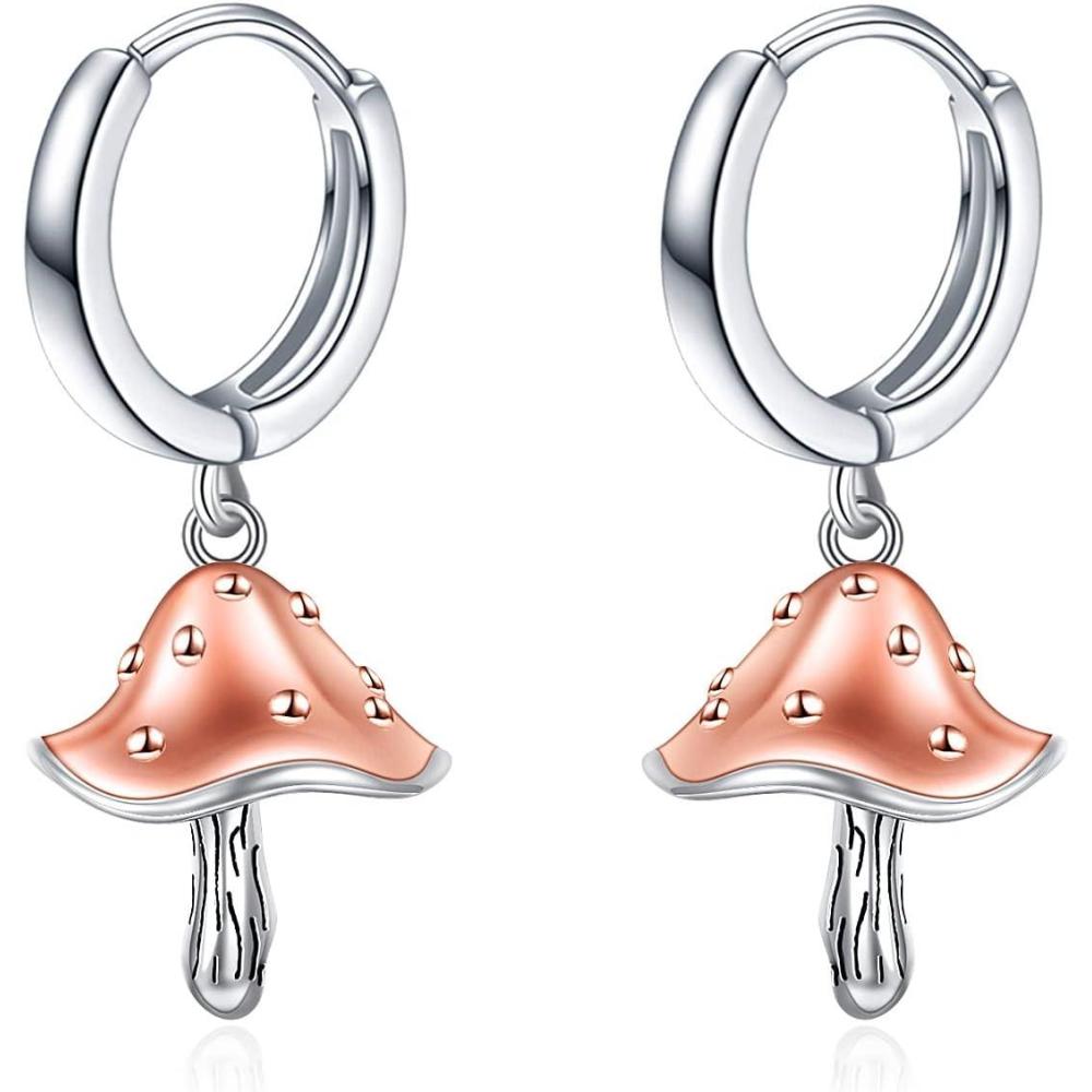 image:imageYFN Hoop Earrings with Cat Hummingbird Bird Horse Snake Mountain Dinosaur Earrings Sterling Silver for Sensitive Ears Cute Animal Hoops Gifts for WomenSilverMushroom Hoop Earrings