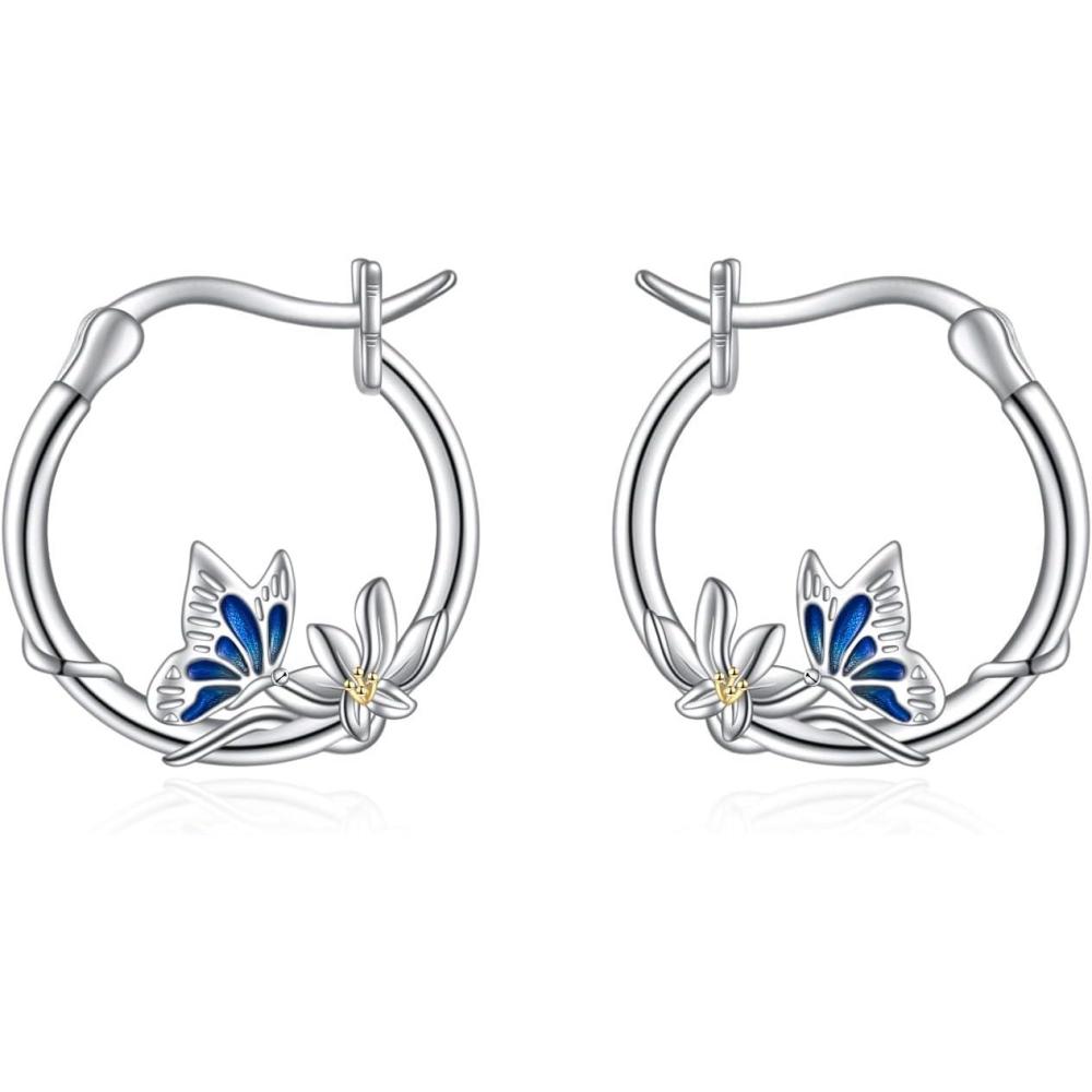 image:imageYFN Hoop Earrings with Cat Hummingbird Bird Horse Snake Mountain Dinosaur Earrings Sterling Silver for Sensitive Ears Cute Animal Hoops Gifts for WomenSilverButterfly with Daisy Earrings