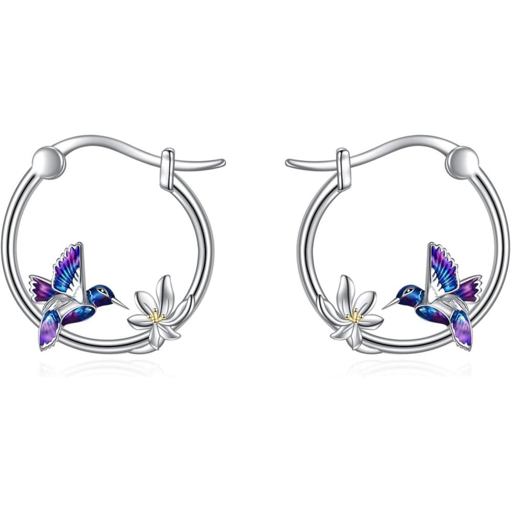 image:imageYFN Hoop Earrings with Cat Hummingbird Bird Horse Snake Mountain Dinosaur Earrings Sterling Silver for Sensitive Ears Cute Animal Hoops Gifts for WomenSilverHummingbird Hoop Earrings