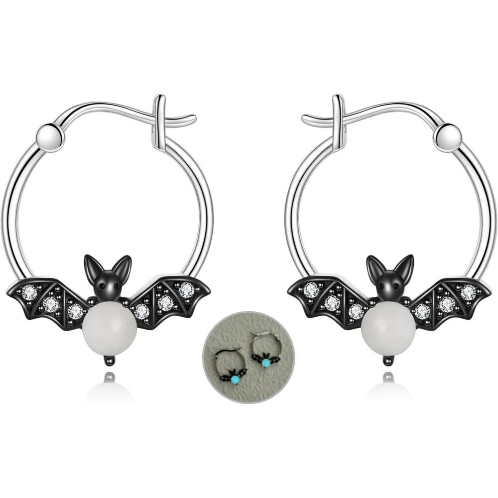 image:imageYFN Hoop Earrings with Cat Hummingbird Bird Horse Snake Mountain Dinosaur Earrings Sterling Silver for Sensitive Ears Cute Animal Hoops Gifts for WomenBlackBat Hoop Earrings