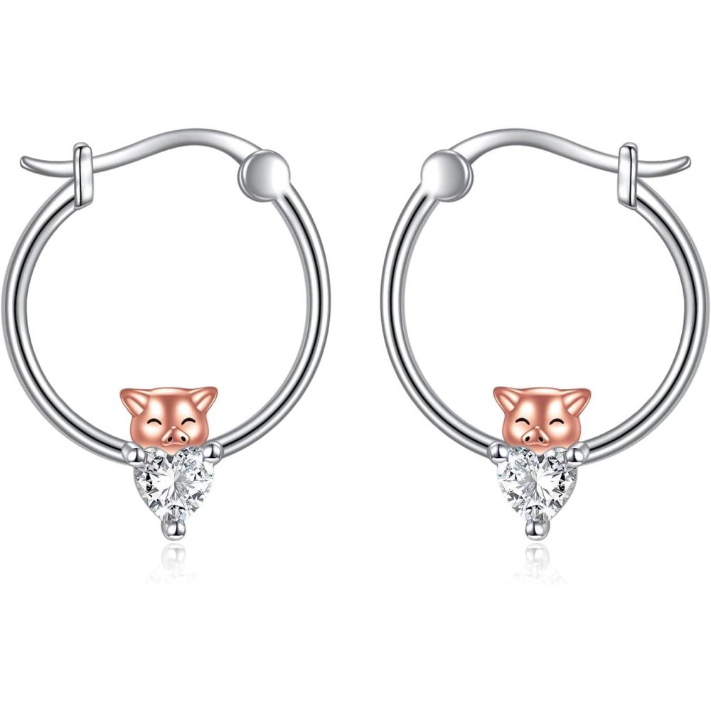 image:imageYFN Hoop Earrings with Cat Hummingbird Bird Horse Snake Mountain Dinosaur Earrings Sterling Silver for Sensitive Ears Cute Animal Hoops Gifts for WomenSilverPig Hoop Earrings