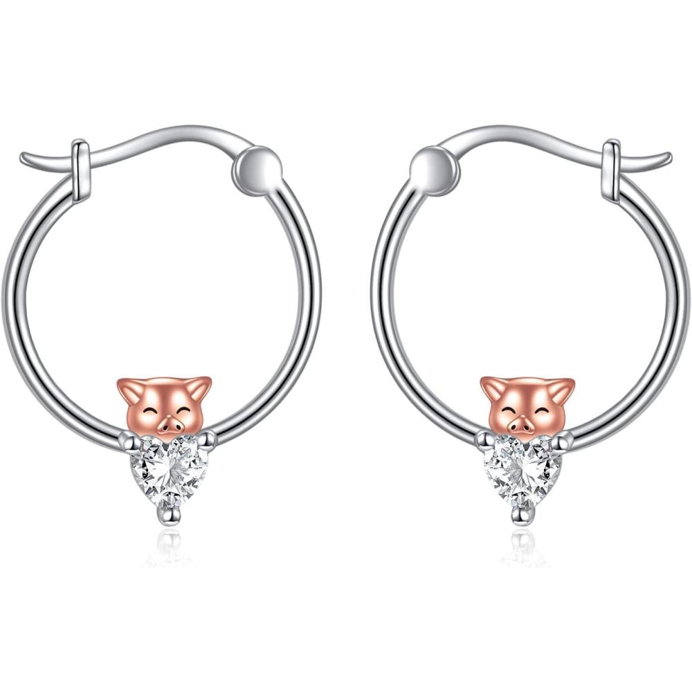 image:imageYFN Hoop Earrings with Cat Hummingbird Bird Horse Snake Mountain Dinosaur Earrings Sterling Silver for Sensitive Ears Cute Animal Hoops Gifts for WomenSilverPig Earring Gifts
