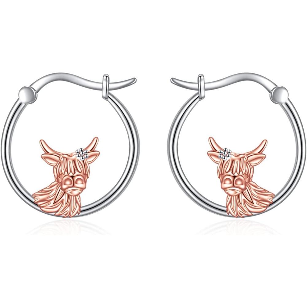 image:imageYFN Hoop Earrings with Cat Hummingbird Bird Horse Snake Mountain Dinosaur Earrings Sterling Silver for Sensitive Ears Cute Animal Hoops Gifts for WomenSilverHighland Cow Earrings