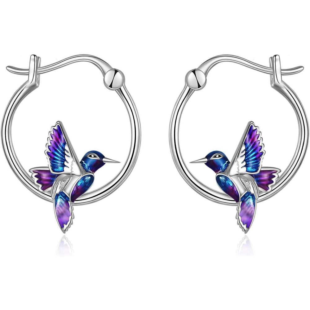 image:imageYFN Hoop Earrings with Cat Hummingbird Bird Horse Snake Mountain Dinosaur Earrings Sterling Silver for Sensitive Ears Cute Animal Hoops Gifts for WomenSilverHummingbird Earrings