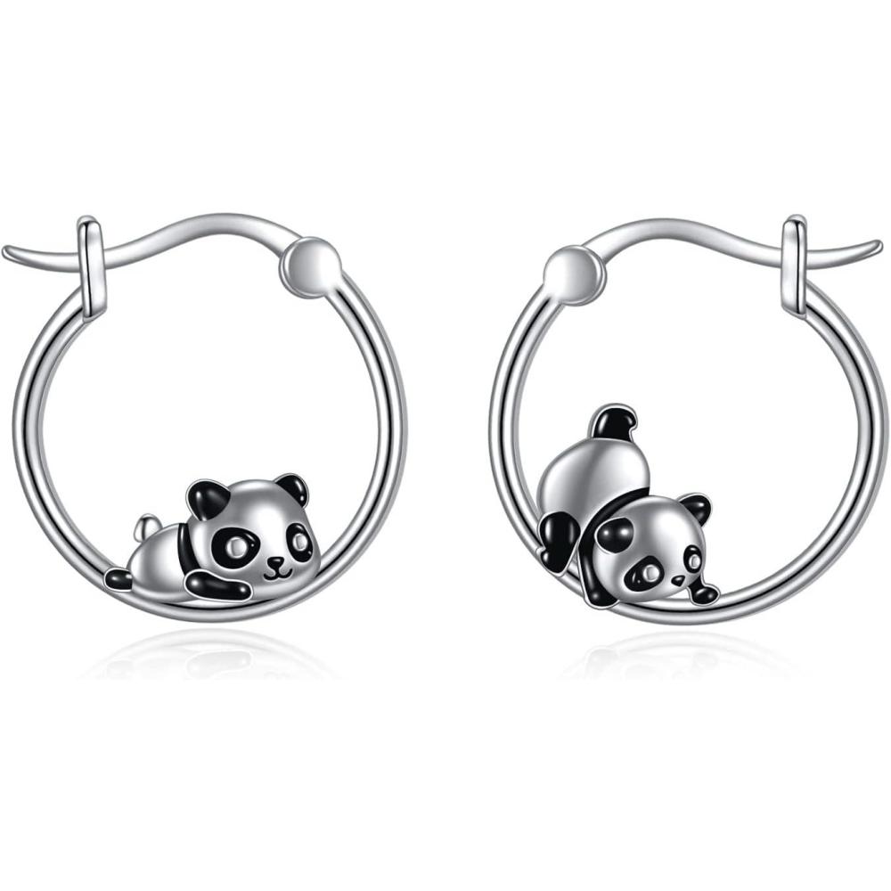 image:imageYFN Hoop Earrings with Cat Hummingbird Bird Horse Snake Mountain Dinosaur Earrings Sterling Silver for Sensitive Ears Cute Animal Hoops Gifts for WomenSilverPanda Hoop Earrings