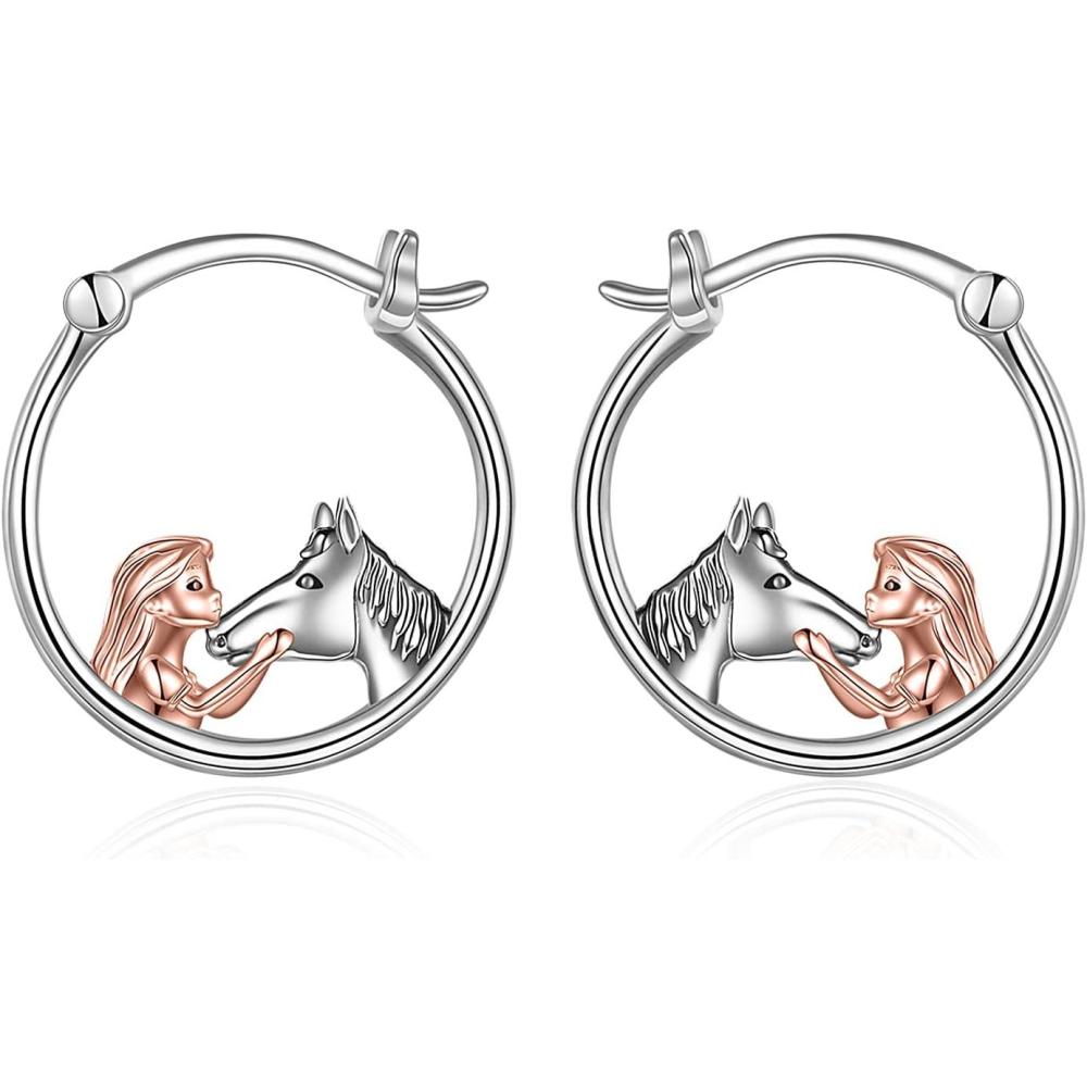 image:imageYFN Hoop Earrings with Cat Hummingbird Bird Horse Snake Mountain Dinosaur Earrings Sterling Silver for Sensitive Ears Cute Animal Hoops Gifts for WomenSilverHorse Hoop Earrings