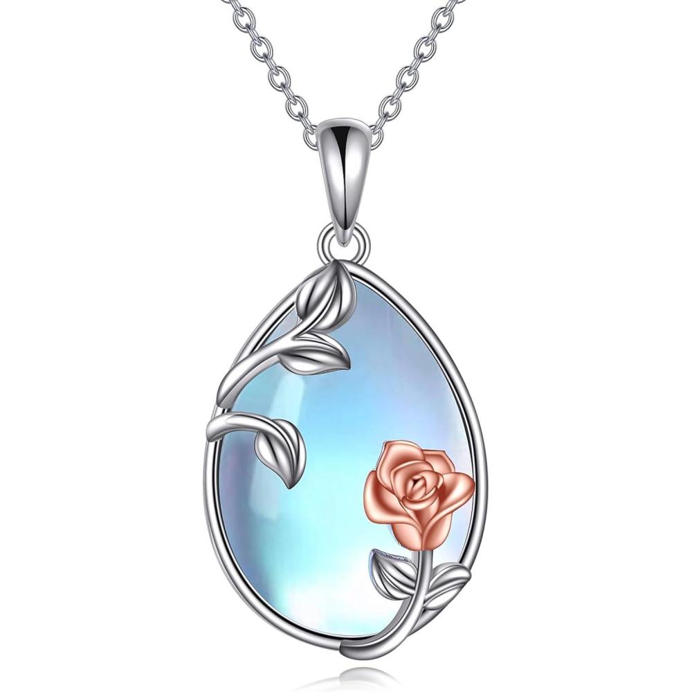 image:imageYFN Moonstone Necklace Sterling Silver Rose Flower Moonstone Leaves Pendant Necklace Jewelry Gifts for WomenSilverMoonstone Necklace with Rose Flower