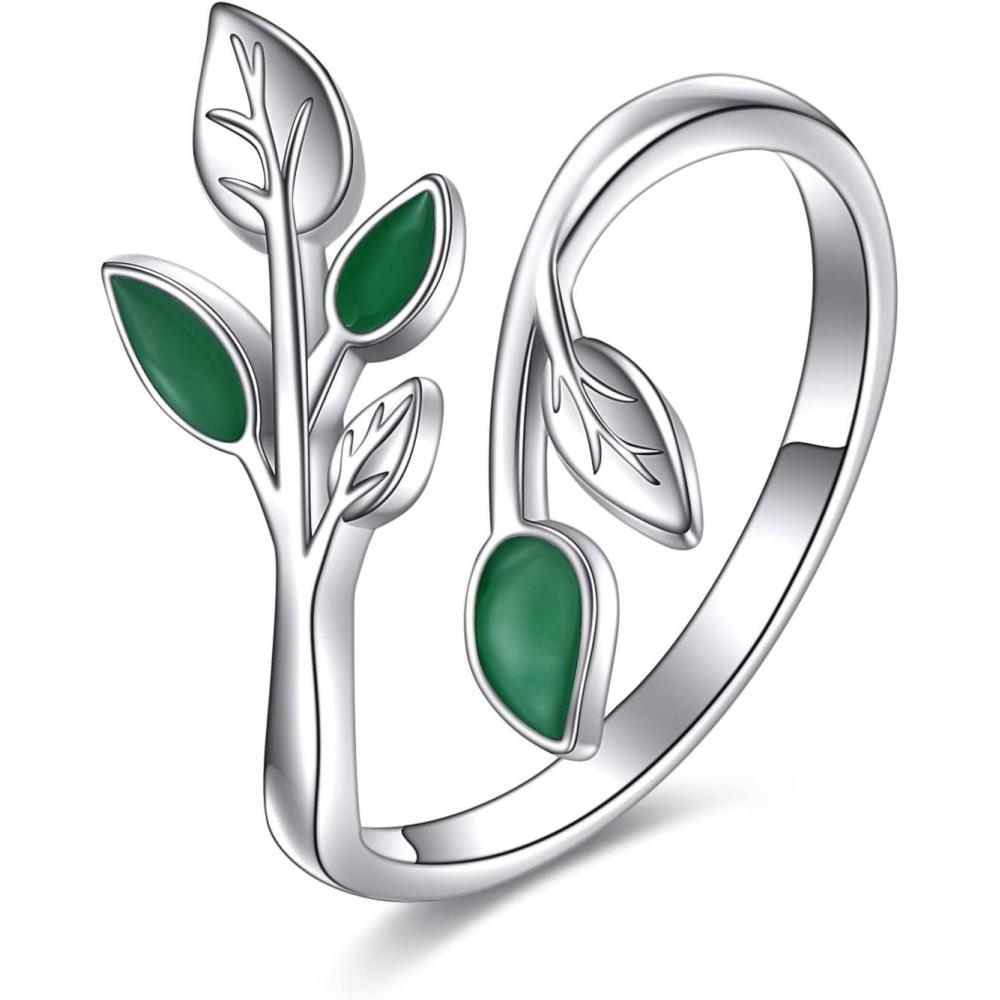 image:imageYFN Open Leaf Leaves Enamel Rings Sterling Silver Adjustable Branch Ring Jewelry Gifts for Women MotherSilver Adjustable Leaf Ring