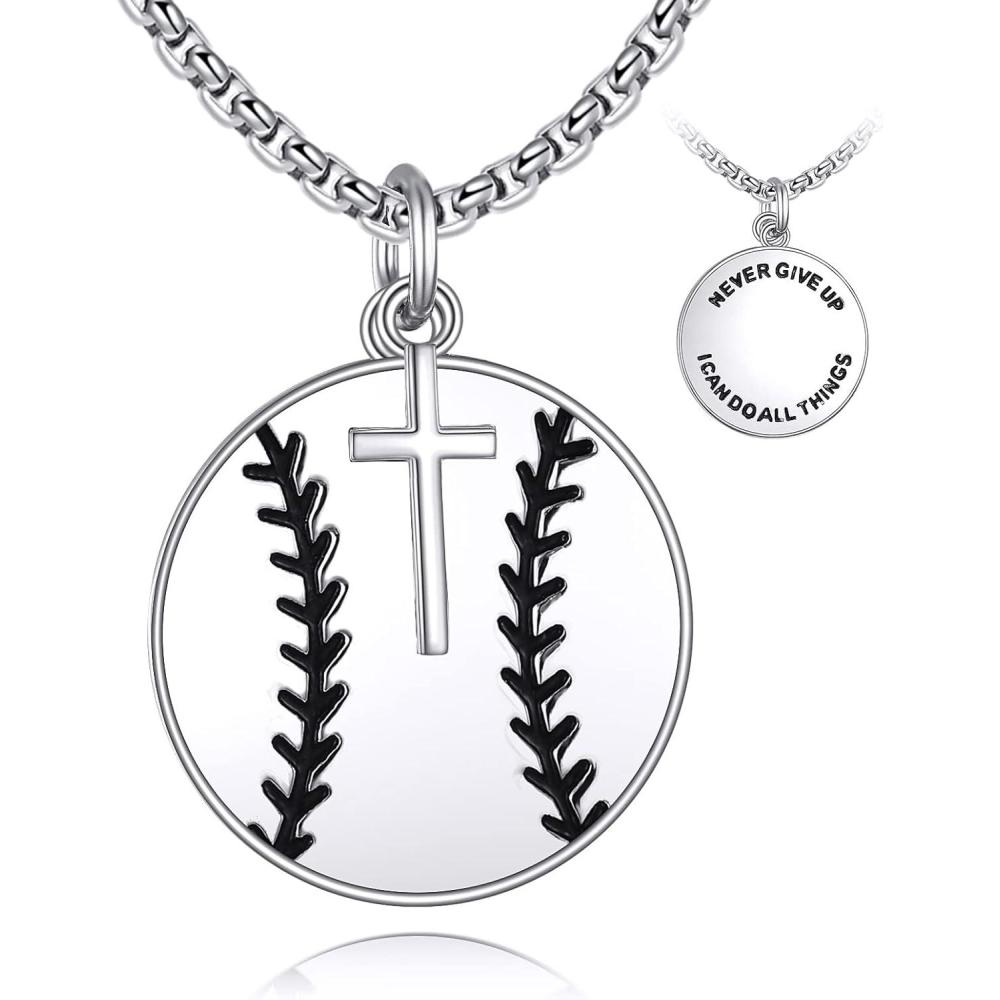 image:imageYFN Sport Necklace Sterling Silver Never Give Up I Can Do All Things Pendant Jewelry Sport Gifts for Women MenBaseball with Cross
