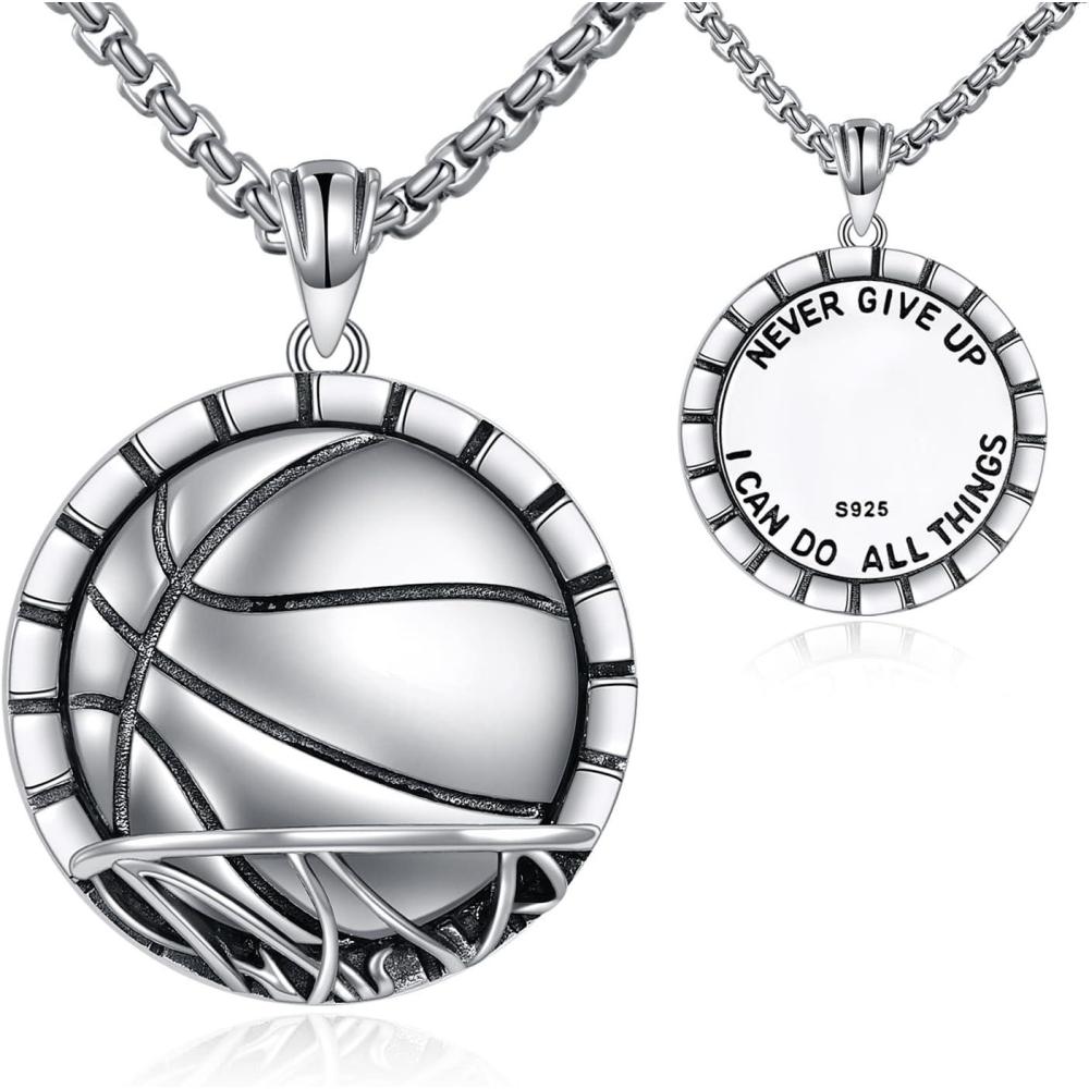 image:imageYFN Sport Necklace Sterling Silver Never Give Up I Can Do All Things Pendant Jewelry Sport Gifts for Women MenBasketball