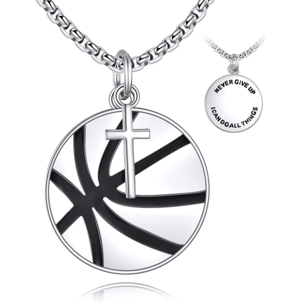image:imageYFN Sport Necklace Sterling Silver Never Give Up I Can Do All Things Pendant Jewelry Sport Gifts for Women MenBasketball with Cross