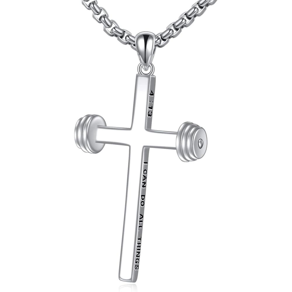 image:imageYFN Sport Necklace Sterling Silver Never Give Up I Can Do All Things Pendant Jewelry Sport Gifts for Women MenDumbbell Cross