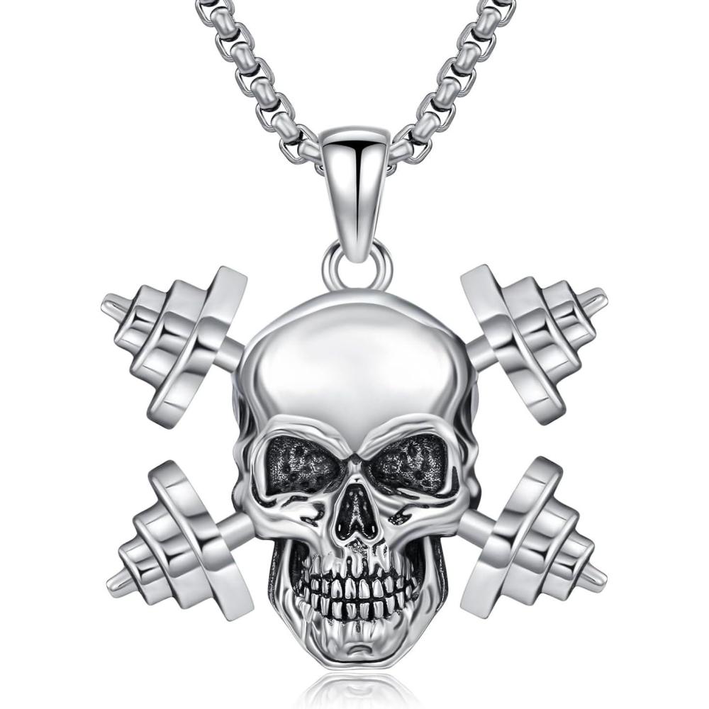 image:imageYFN Sport Necklace Sterling Silver Never Give Up I Can Do All Things Pendant Jewelry Sport Gifts for Women MenDumbbell Skull