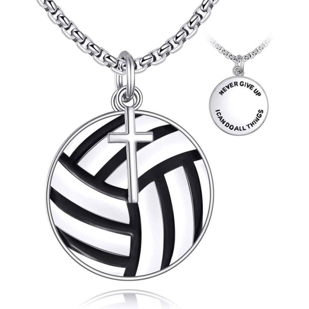 image:imageYFN Sport Necklace Sterling Silver Never Give Up I Can Do All Things Pendant Jewelry Sport Gifts for Women MenVolleyball with Cross