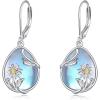 YFN Bee/Flower/Hummingbird Bird Moonstone Earrings 925 Sterling Silver Teardrop Dangle Hypoallergenic Leverback Earring for Women(Blue-Daisy Flower Earrings)