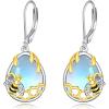 YFN Bee/Flower/Hummingbird Bird Moonstone Earrings 925 Sterling Silver Teardrop Dangle Hypoallergenic Leverback Earring for Women(Silver-Honeybee Bee Earrings)