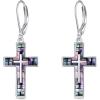YFN Cross Earrings Sterling Silver Dangle Drop Leverback Cross Earrings Religion Jewelry Christians Gifts for Women Men(A-Abalone Shell)
