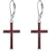 YFN Cross Earrings Sterling Silver Dangle Drop Leverback Cross Earrings Religion Jewelry Christians Gifts for Women Men(B-Red Coral)