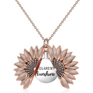 Sterling Silver Sunflower Locket Necklace You Are My Sunshine Engraved Pendant Necklaces Anniversary Jewelry for Her(A- Rose Gold)