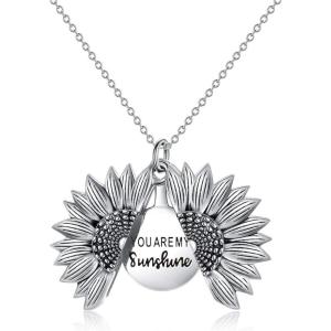 Sterling Silver Sunflower Locket Necklace You Are My Sunshine Engraved Pendant Necklaces Anniversary Jewelry for Her(A- Silver)