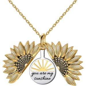 Sterling Silver Sunflower Locket Necklace You Are My Sunshine Engraved Pendant Necklaces Anniversary Jewelry for Her(B-Sunrise Gold)