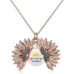 Sterling Silver Sunflower Locket Necklace You Are My Sunshine Engraved Pendant Necklaces Anniversary Jewelry for Her(B-Sunrise-Rose Gold)