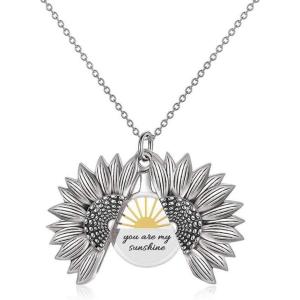 Sterling Silver Sunflower Locket Necklace You Are My Sunshine Engraved Pendant Necklaces Anniversary Jewelry for Her(B-Sunrise-Silver)
