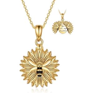 Sterling Silver Sunflower Locket Necklace You Are My Sunshine Engraved Pendant Necklaces Anniversary Jewelry for Her(C-Bee Gold)