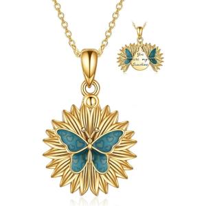 Sterling Silver Sunflower Locket Necklace You Are My Sunshine Engraved Pendant Necklaces Anniversary Jewelry for Her(C-Butterfly Gold)