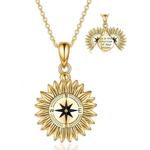Sterling Silver Sunflower Locket Necklace You Are My Sunshine Engraved Pendant Necklaces Anniversary Jewelry for Her(C-Compass Gold)