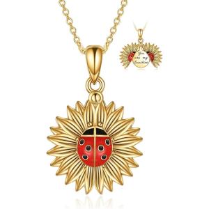 Sterling Silver Sunflower Locket Necklace You Are My Sunshine Engraved Pendant Necklaces Anniversary Jewelry for Her(C-Ladybug Gold)