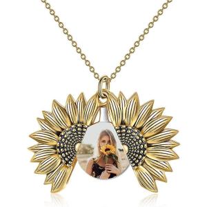 Sterling Silver Sunflower Locket Necklace You Are My Sunshine Engraved Pendant Necklaces Anniversary Jewelry for Her(D-Photo Locket- Gold)