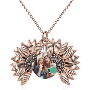 Sterling Silver Sunflower Locket Necklace You Are My Sunshine Engraved Pendant Necklaces Anniversary Jewelry for Her(D-Photo Locket- Rose Gold)