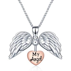 Sterling Silver Sunflower Locket Necklace You Are My Sunshine Engraved Pendant Necklaces Anniversary Jewelry for Her(E-Angel Wing-Silver)