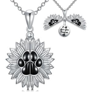 Sterling Silver Sunflower Locket Necklace You Are My Sunshine Engraved Pendant Necklaces Anniversary Jewelry for Her(Paw Print)