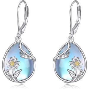 YFN Bee/Flower/Hummingbird Bird Moonstone Earrings 925 Sterling Silver Teardrop Dangle Hypoallergenic Leverback Earring for Women(Blue-Daisy Flower Earrings)