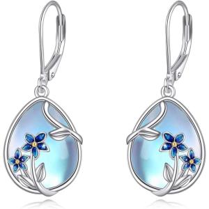YFN Bee/Flower/Hummingbird Bird Moonstone Earrings 925 Sterling Silver Teardrop Dangle Hypoallergenic Leverback Earring for Women(Blue-Forget Me Not Earrings)