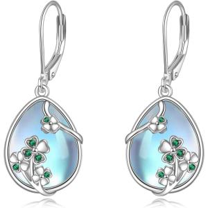 YFN Bee/Flower/Hummingbird Bird Moonstone Earrings 925 Sterling Silver Teardrop Dangle Hypoallergenic Leverback Earring for Women(Blue-Shamrock Moonstone Earrings)