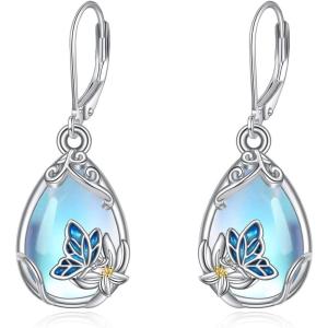 YFN Bee/Flower/Hummingbird Bird Moonstone Earrings 925 Sterling Silver Teardrop Dangle Hypoallergenic Leverback Earring for Women(Silver-Butterfly Earrings)
