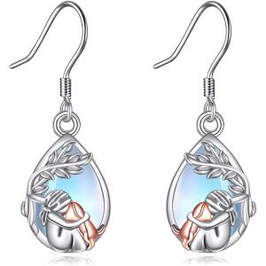 YFN Bee/Flower/Hummingbird Bird Moonstone Earrings 925 Sterling Silver Teardrop Dangle Hypoallergenic Leverback Earring for Women(Silver-Dog with Women Earrings)