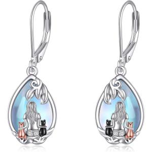 YFN Bee/Flower/Hummingbird Bird Moonstone Earrings 925 Sterling Silver Teardrop Dangle Hypoallergenic Leverback Earring for Women(Silver-Girl with 2 Cat Earrings)