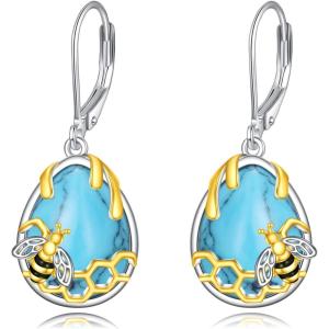 YFN Bee/Flower/Hummingbird Bird Moonstone Earrings 925 Sterling Silver Teardrop Dangle Hypoallergenic Leverback Earring for Women(Silver-Honeybee Bee Earrings with Turquoise)