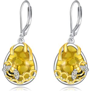 YFN Bee/Flower/Hummingbird Bird Moonstone Earrings 925 Sterling Silver Teardrop Dangle Hypoallergenic Leverback Earring for Women(Silver-Honeybee Bee Earrings with Amber)