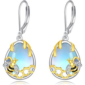 YFN Bee/Flower/Hummingbird Bird Moonstone Earrings 925 Sterling Silver Teardrop Dangle Hypoallergenic Leverback Earring for Women(Silver-Honeybee Bee Earrings)